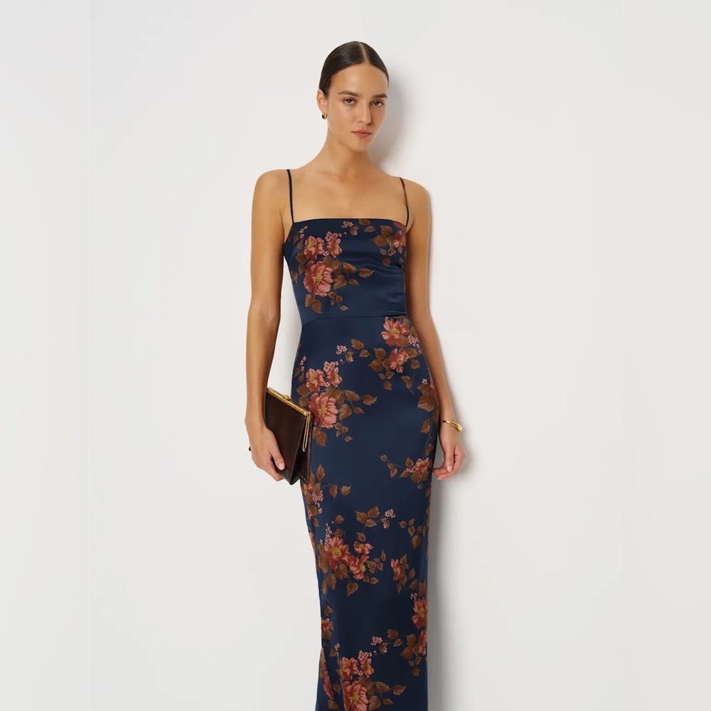 NEW Reformation Frankie Silk Maxi Navy Floral Dress Gown Lyric | US 0 UK 4 - Picture 1 of 12
